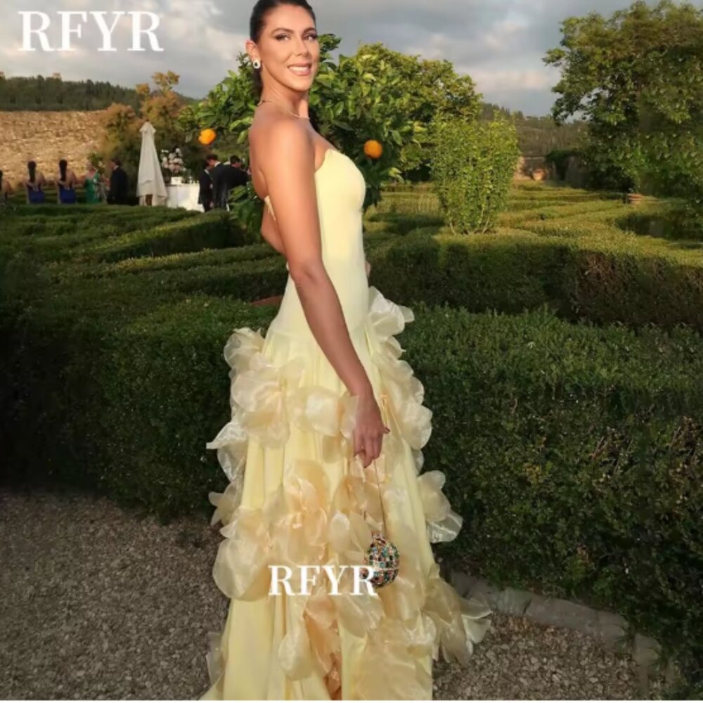 RFYR A Line Prom Dresses 3D Flowers Sleeveless Evening Dress Crepe Formal Dress